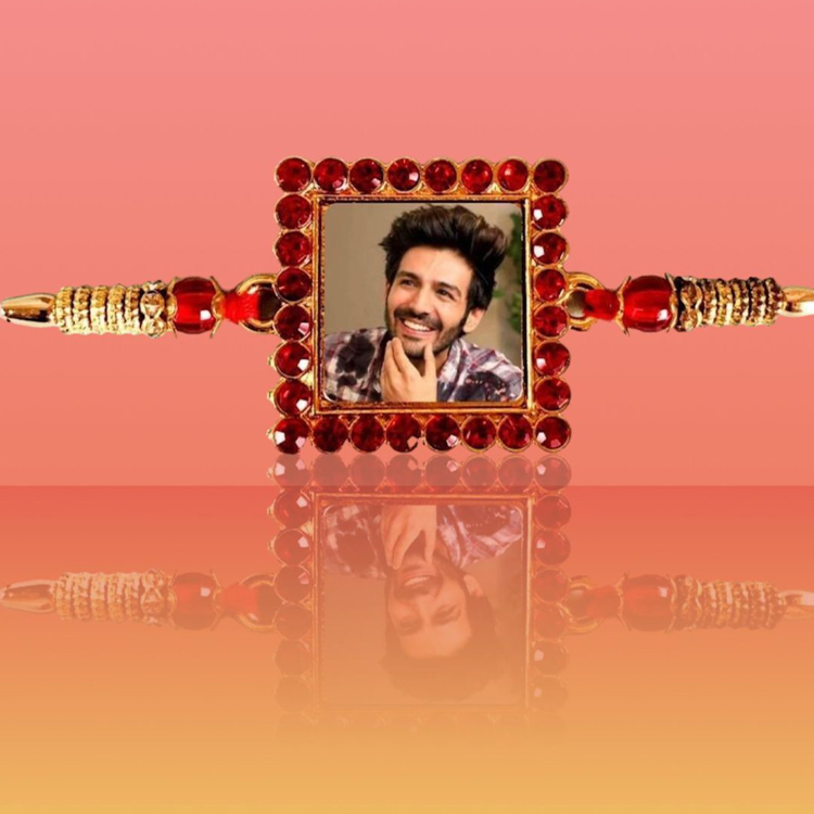 Bro Red Stone Metal Rakhi Customized to Photo Print Rakhi for Boys & Man