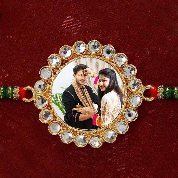 Bro Red Stone Metal Rakhi Customized to Photo Print Rakhi for Boys & Man