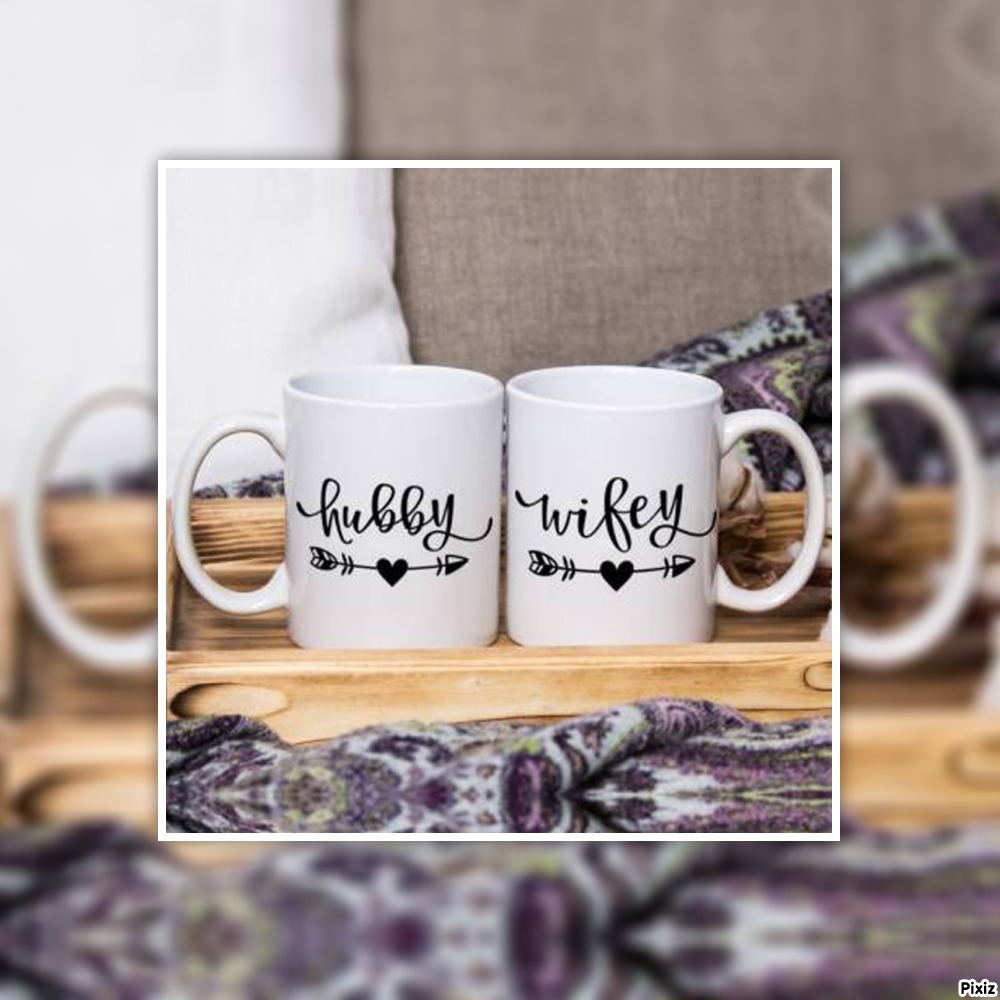 Hubby Wifey Arrow Calligraphy White Printed Coffee Mug Best Gift for Birthday, Couples, Love/Wedding Anniversary,  325ml, Set of 2