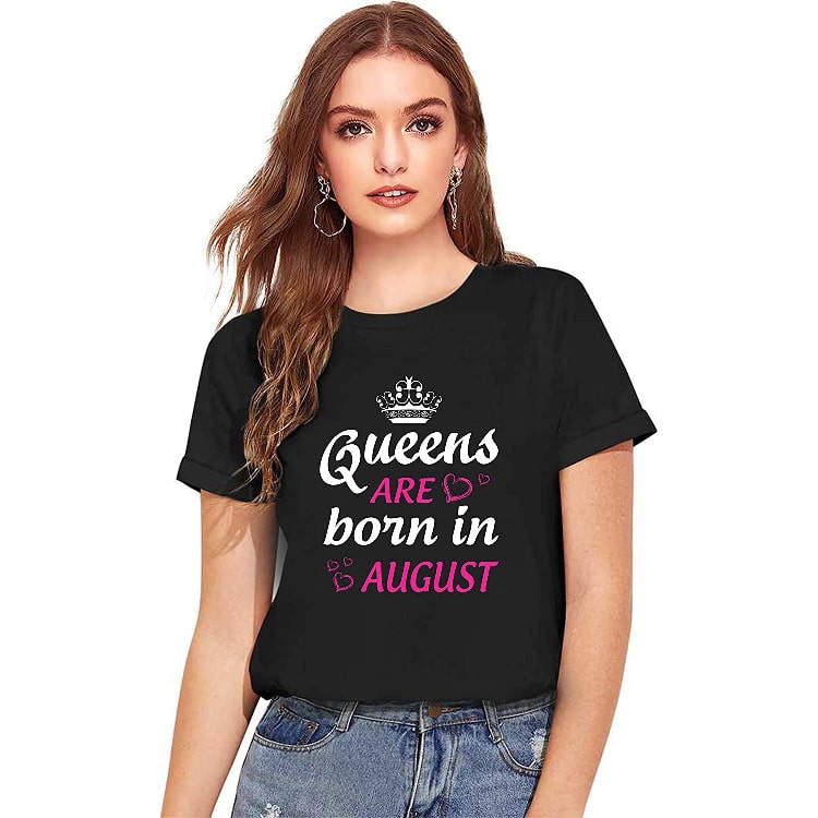 Personalized  Girls Queen are Born in August Black T Shirt