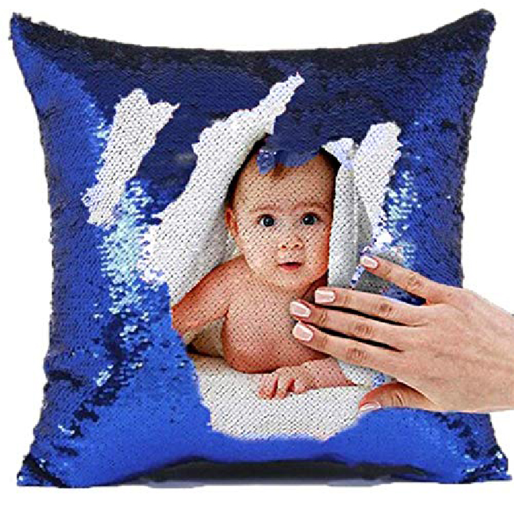 Blue SEQUIN CUSHION WITH MICROFIBER FILLER MAGIC PILLOW BLUE COLOR PERSONALIZED WITH UR PHOTO OR TEXT