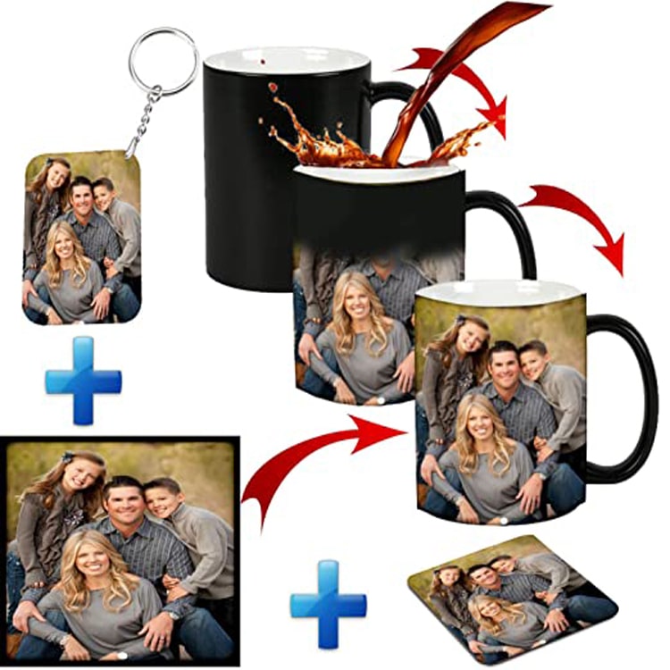 Personalized Photo Printed Ceramic Black Magic Coffee Mug with Coaster and Key Chain