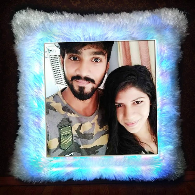 Squair  Your own Photo Print On blue Led Cushion Square Shape Fur Pillow Personalized Fur (Blue)