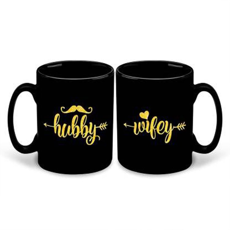 Cupels Hubby Wifey Ceramic Couple Mug, Black -350ml Set of 2