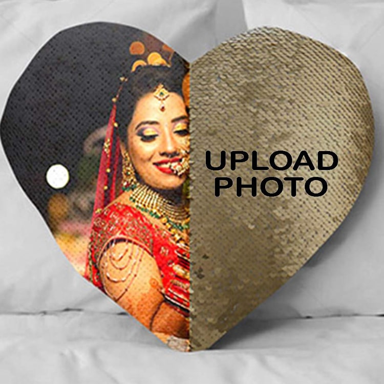 Personalized Photo Magic Heart Shape Pillow or All Occasions Size (16x16 Inches, Golden)