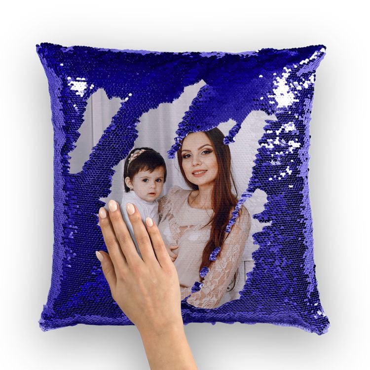 Sequin Cushion with Microfiber Filler Magic Pillow Blue Color Personalized with UR Photo or Text (Blue Color, 16x16 Inches)