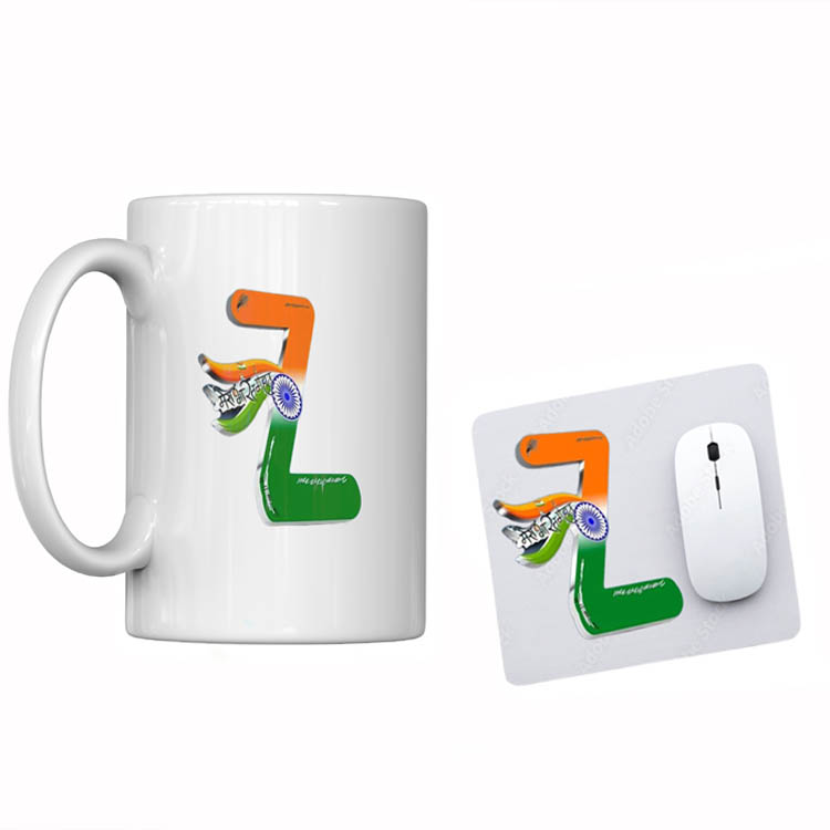  Happy Independence Day Printed White Ceramic Coffee Mug The Form of Alphabetical Series 'Z' White Mug with Mouse Pad 