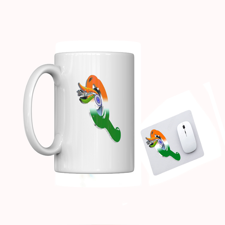 Happy Independence Day Printed White Ceramic Coffee Mug 325 ml | he Form of Alphabetical Series 'Q' White Mug with Mouse Pad IND-Q