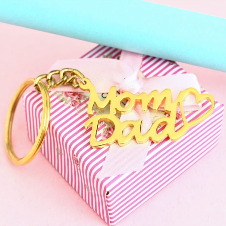 Personalized Mom Dad Keychain with 2 Names in 2 Lines Up to 8 Letters(Gold)