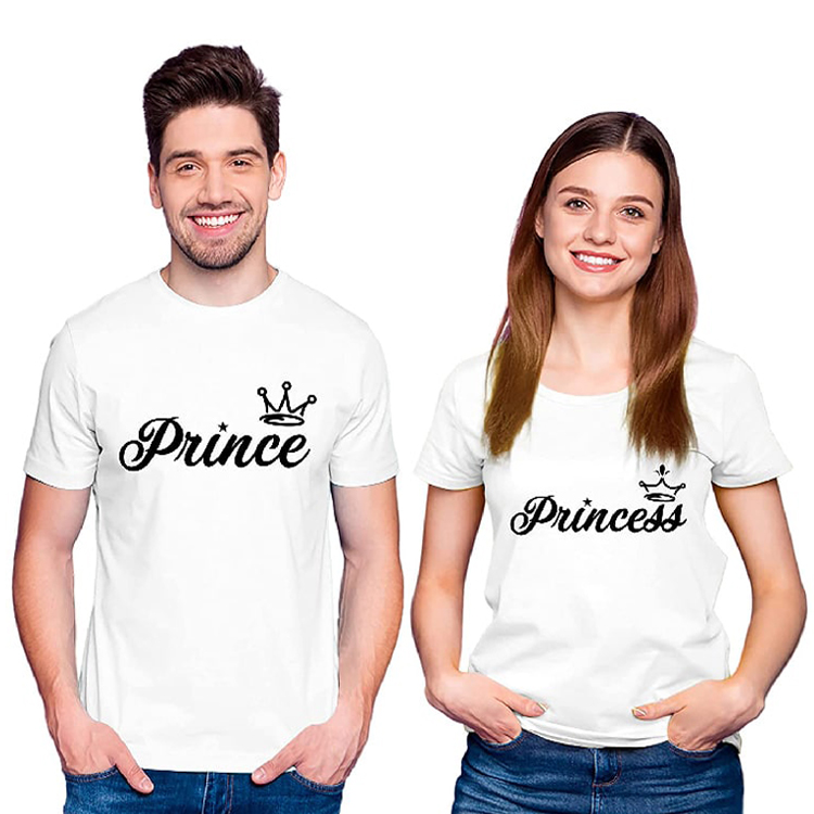  Men Women Cotton Regular Fit Prince Princess Black Color Matching Combo T Shirts-Set of 2