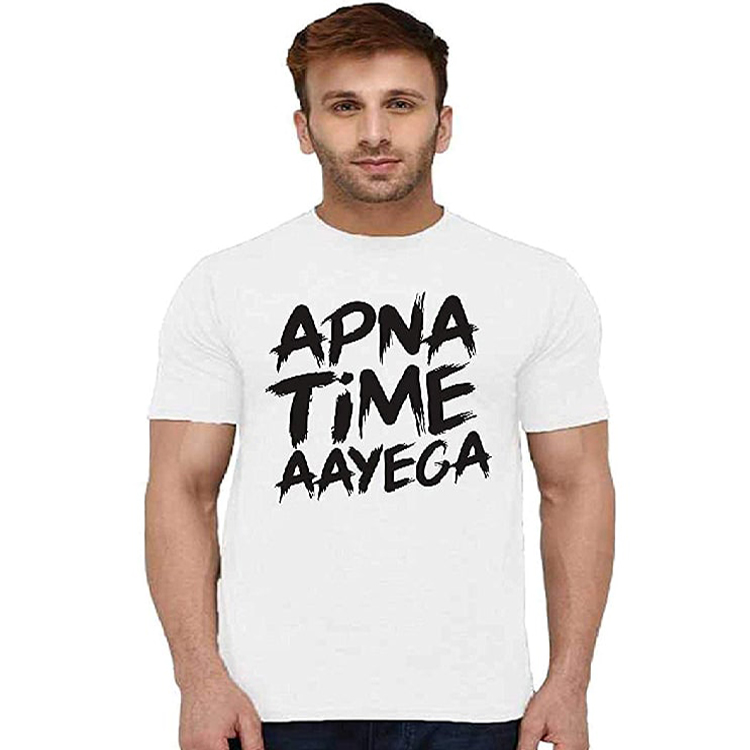  White Printed Personalized T-Shirt Apna Time Aayega  