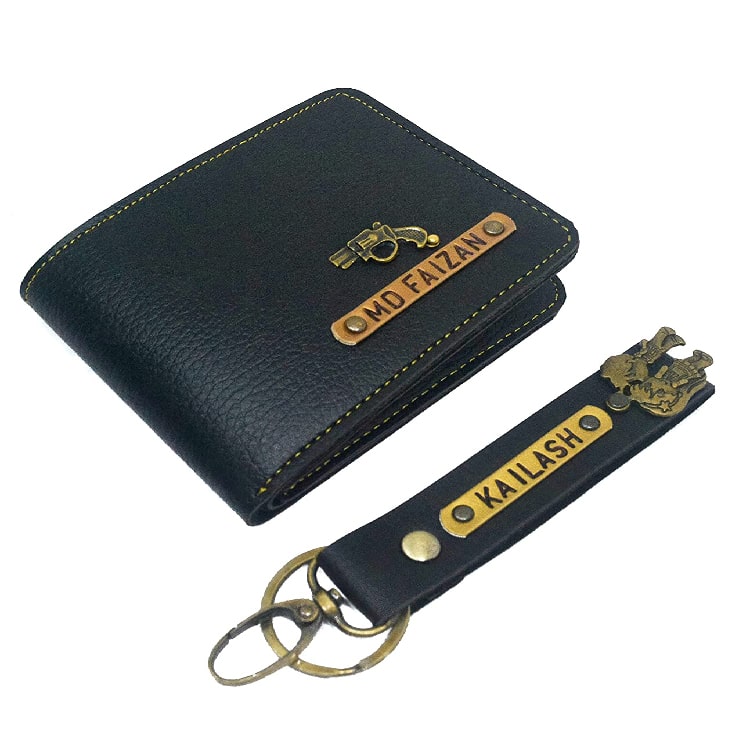 Men's Personalized Custom Genuine PU Leather Wallet and Key Chain Combo with Name (Black)