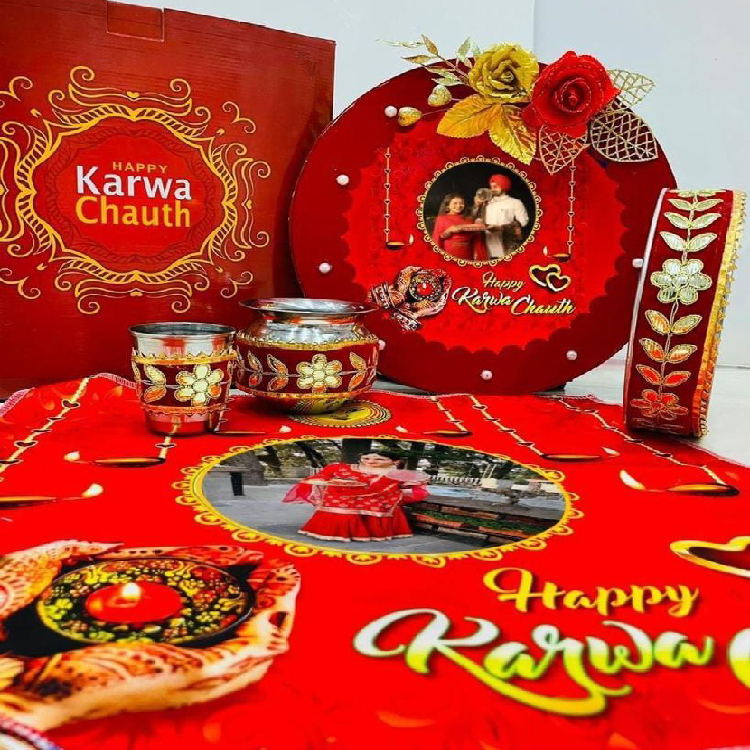  Thali Set Fancy with Karwa Decorative Traditional Karwa Chauth Puja Thali with Chalni, Lota, Glass