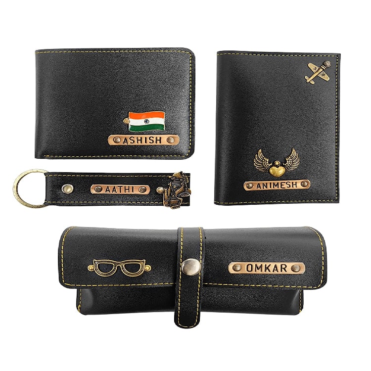  Personalized Leather Passport Cover/ Wallet/ Keychain & Spectacle Cover Unique Design (Combo of 4 Set) Black