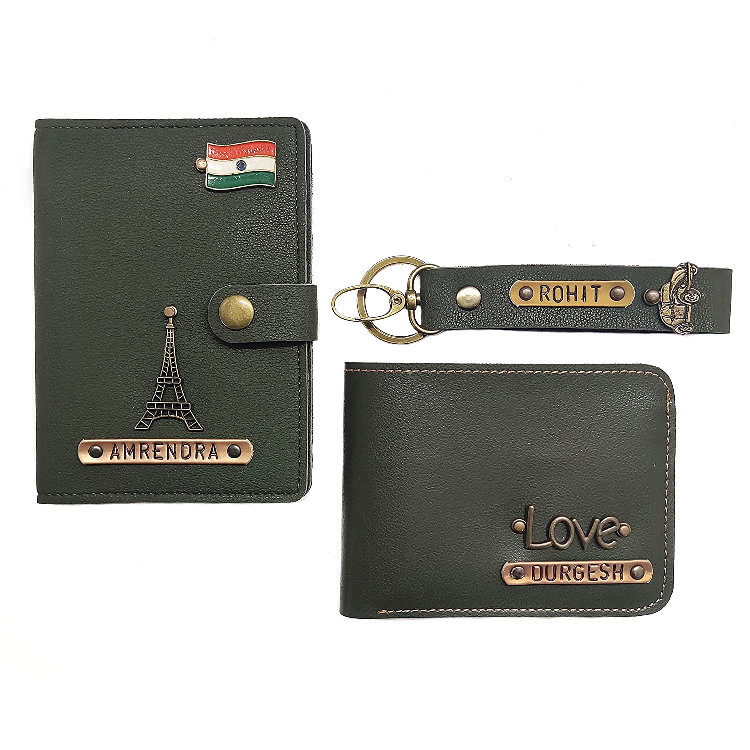  Customize Passport Cover Combo with Wallet and Key Chain Holder for Men (Green)