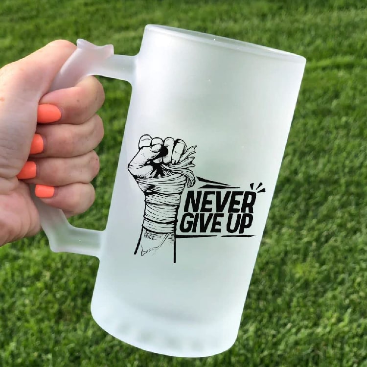  Frosted Beer Glass, Double Walled Frosty Mug, Never Give Up, Personalized Gift for Friends, Men, Dad